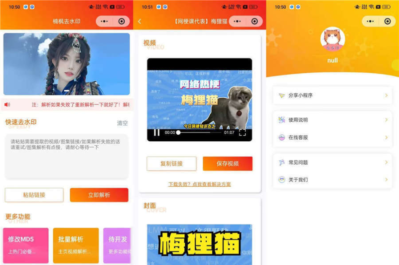 采用第三方API接口的去水印小程序源码